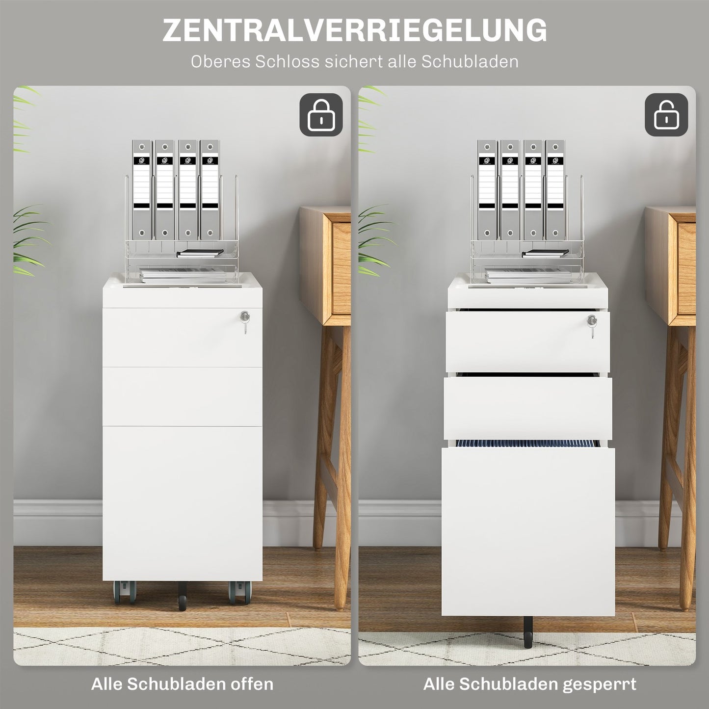 3-drawer rolling filing cabinet with lock, 30x50x61cm, white