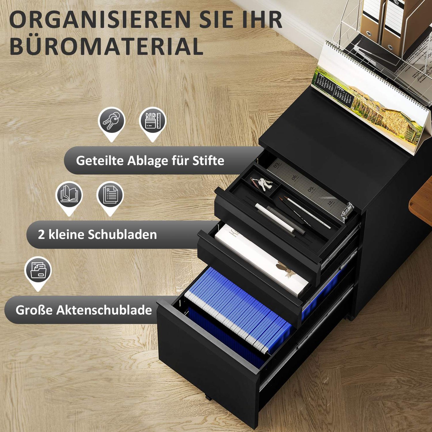 Mobile Lockable File Cabinet - 3 Drawers, Pen Compartment, Black