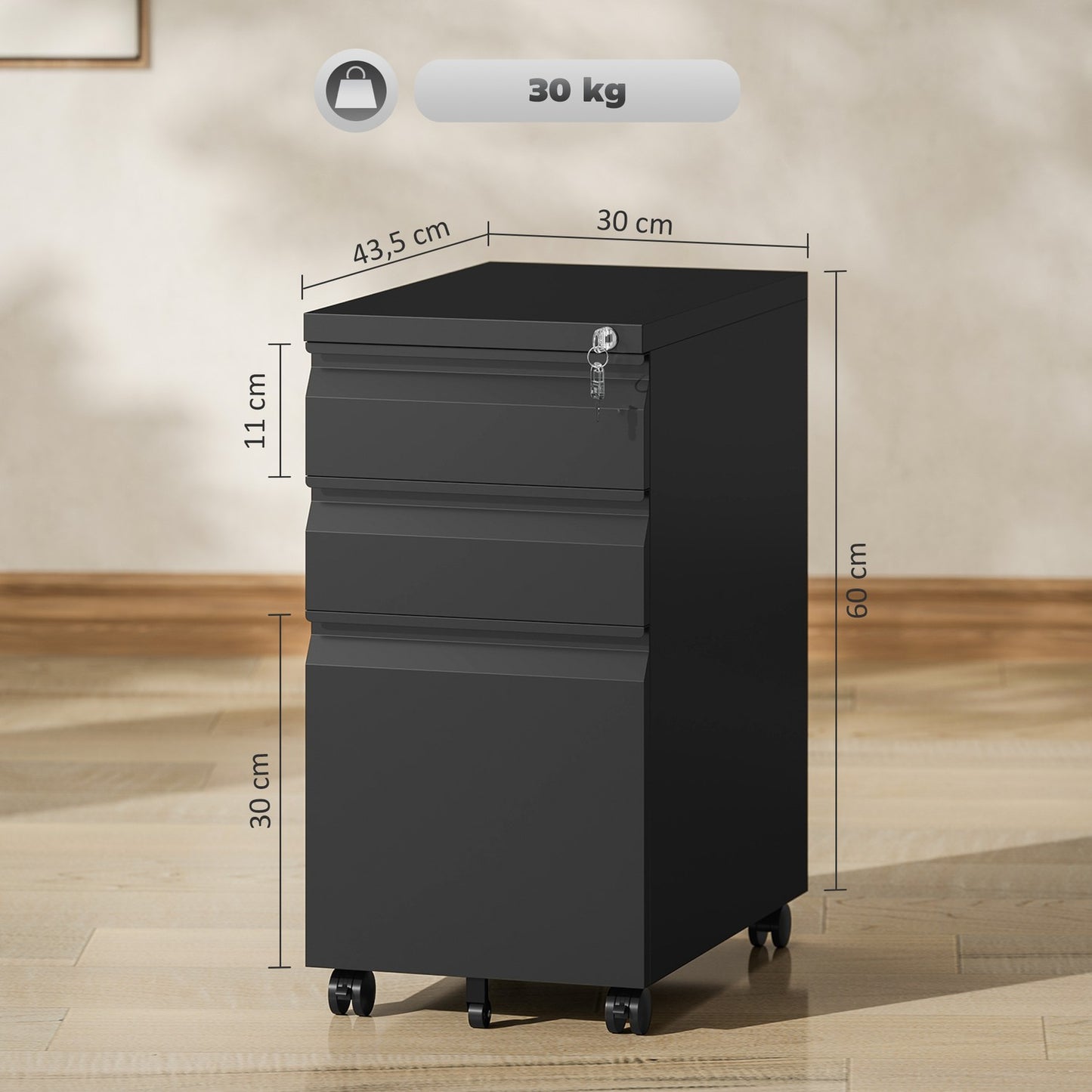 Mobile Lockable File Cabinet - 3 Drawers, Pen Compartment, Black