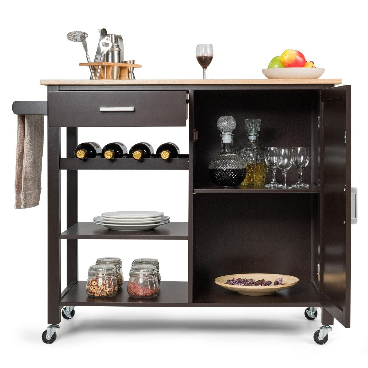 Rolling kitchen trolley Mobile kitchen island with drawer 100 x 48 x 90 cm brown