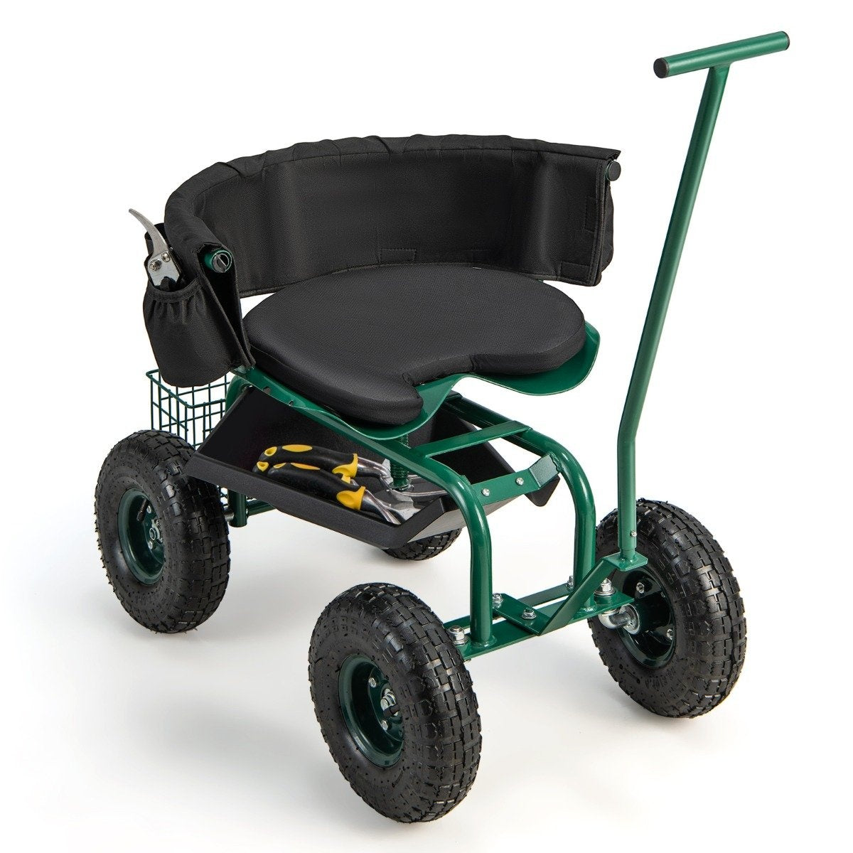 Rolling seat with wheels, 360° rotatable, height-adjustable, mobile garden seat, 90 x 59 x 106 cm, green