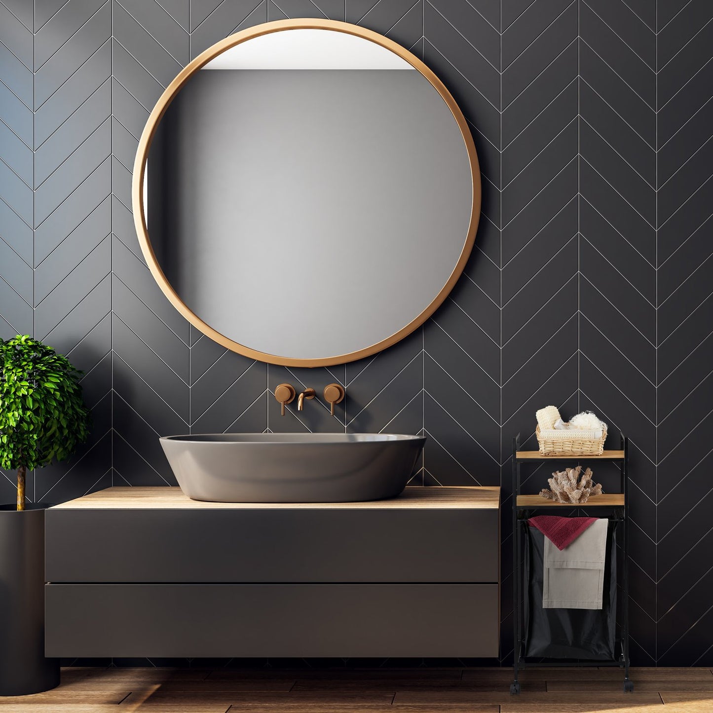 Rolling shelf for bathroom with laundry bag