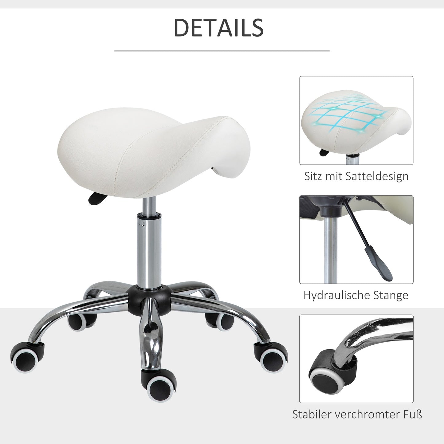 Height-adjustable white saddle Work stool, padded