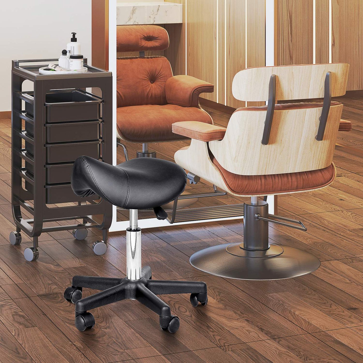 Height-adjustable swivel work stool, synthetic leather, black