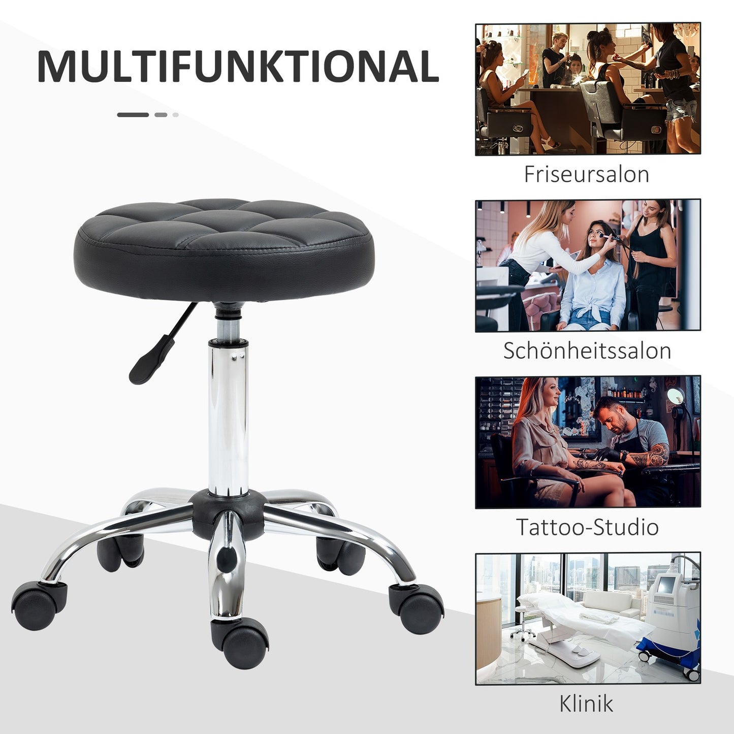 Height-adjustable salon stool in black artificial leather