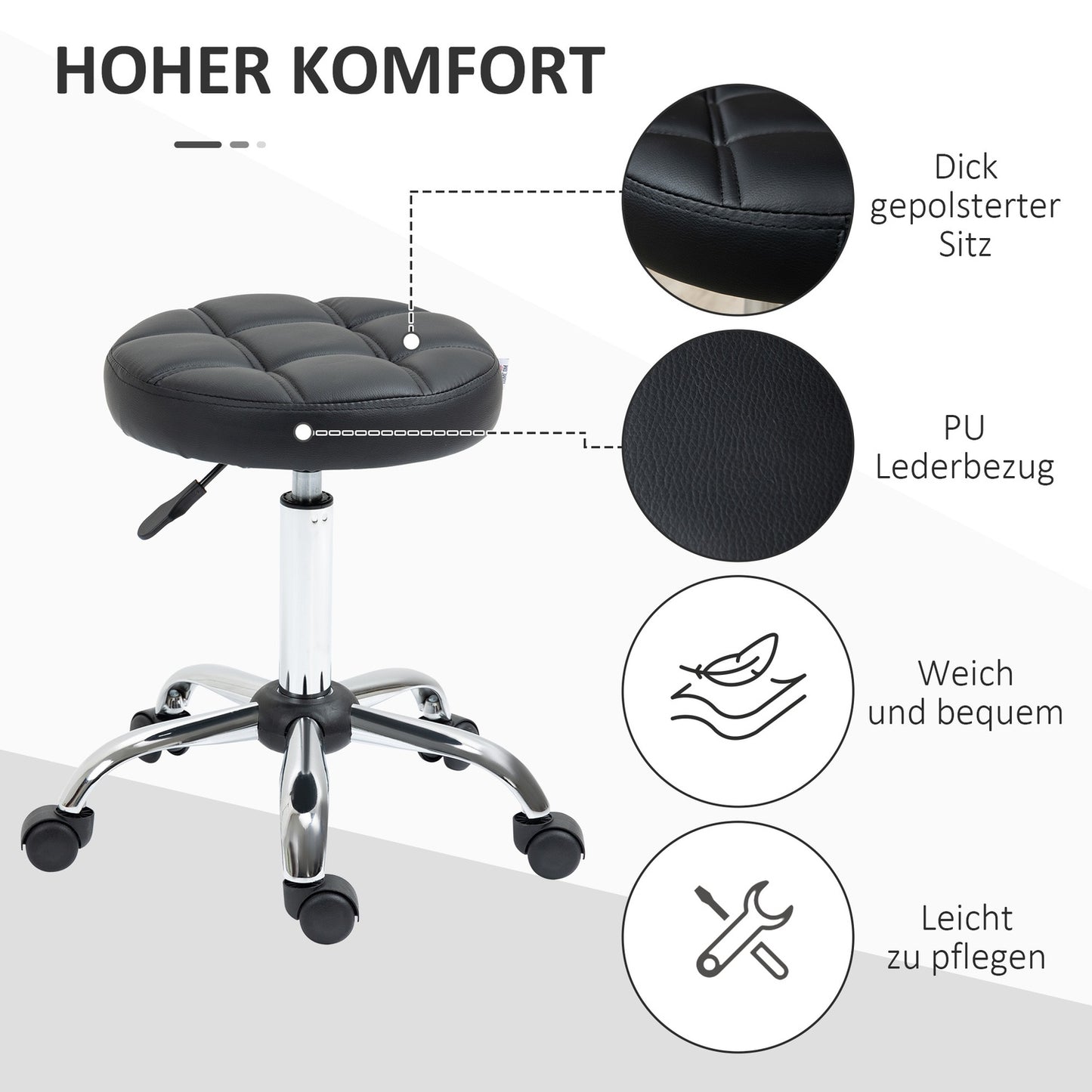 Height-adjustable salon stool in black artificial leather