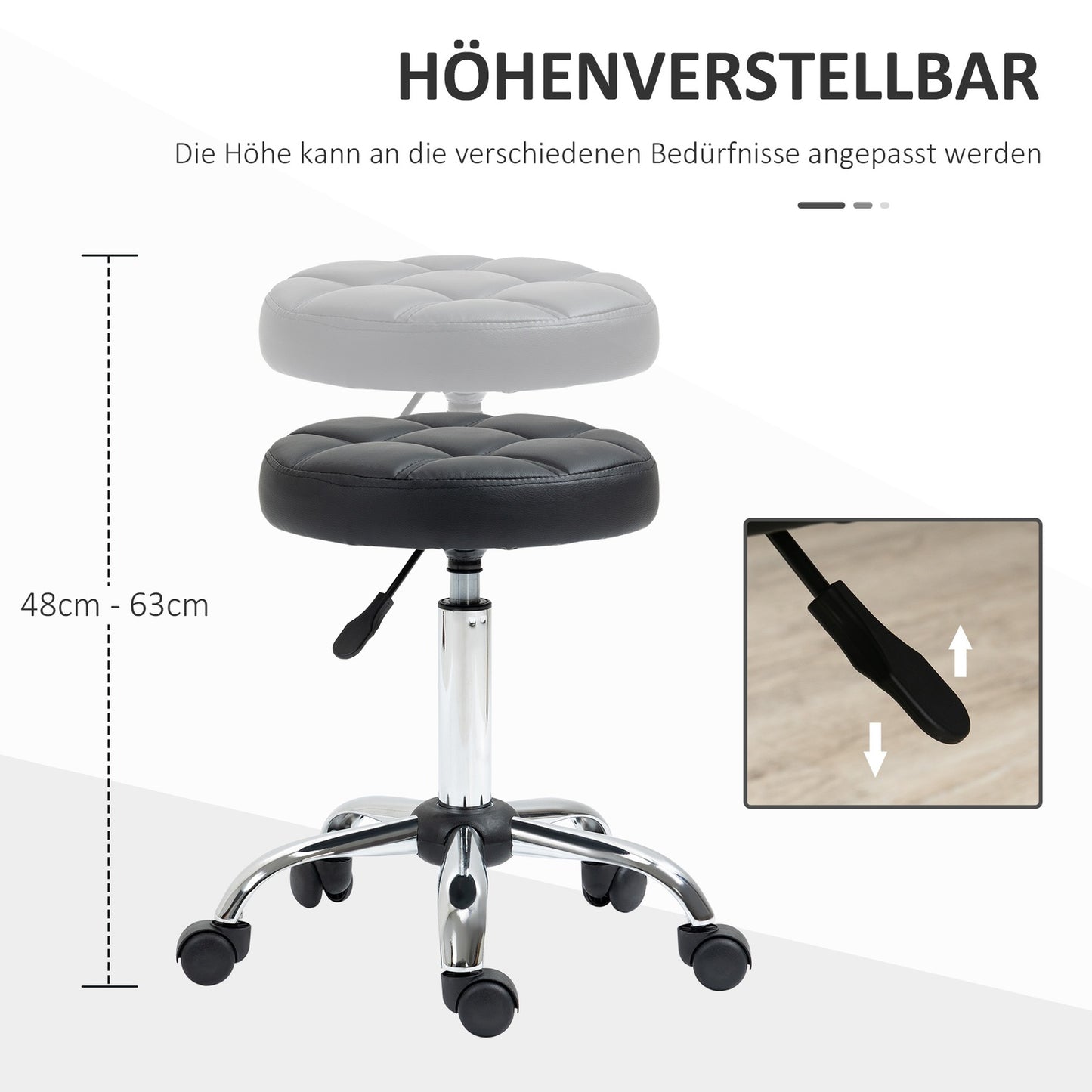 Height-adjustable salon stool in black artificial leather