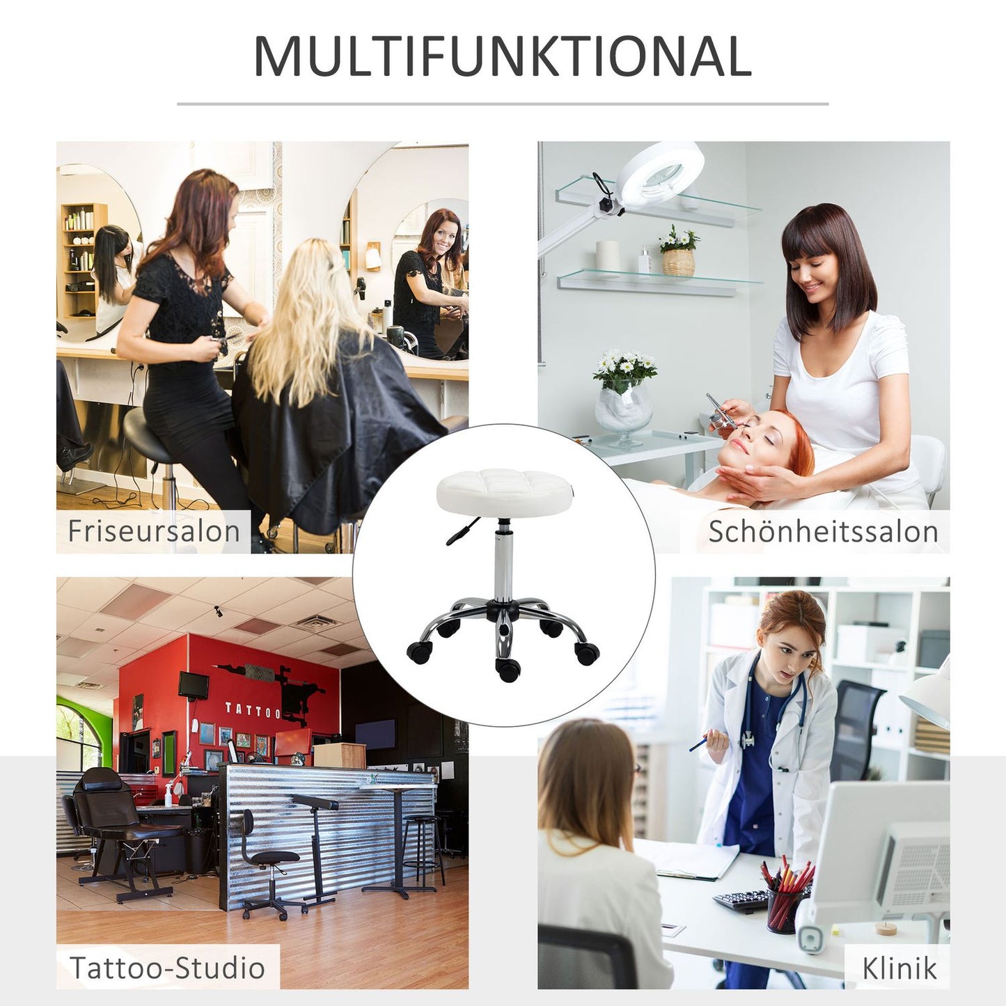 Adjustable white rotating stool in artificial leather - office and salon