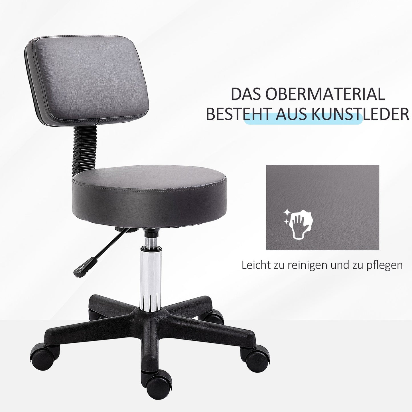 Height-adjustable rotating stool in gray artificial leather