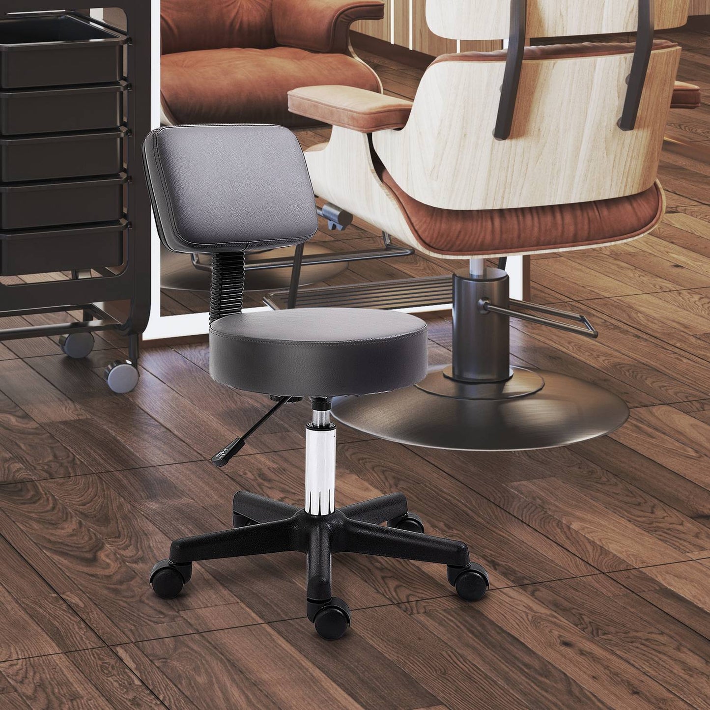 Height-adjustable rotating stool in gray artificial leather
