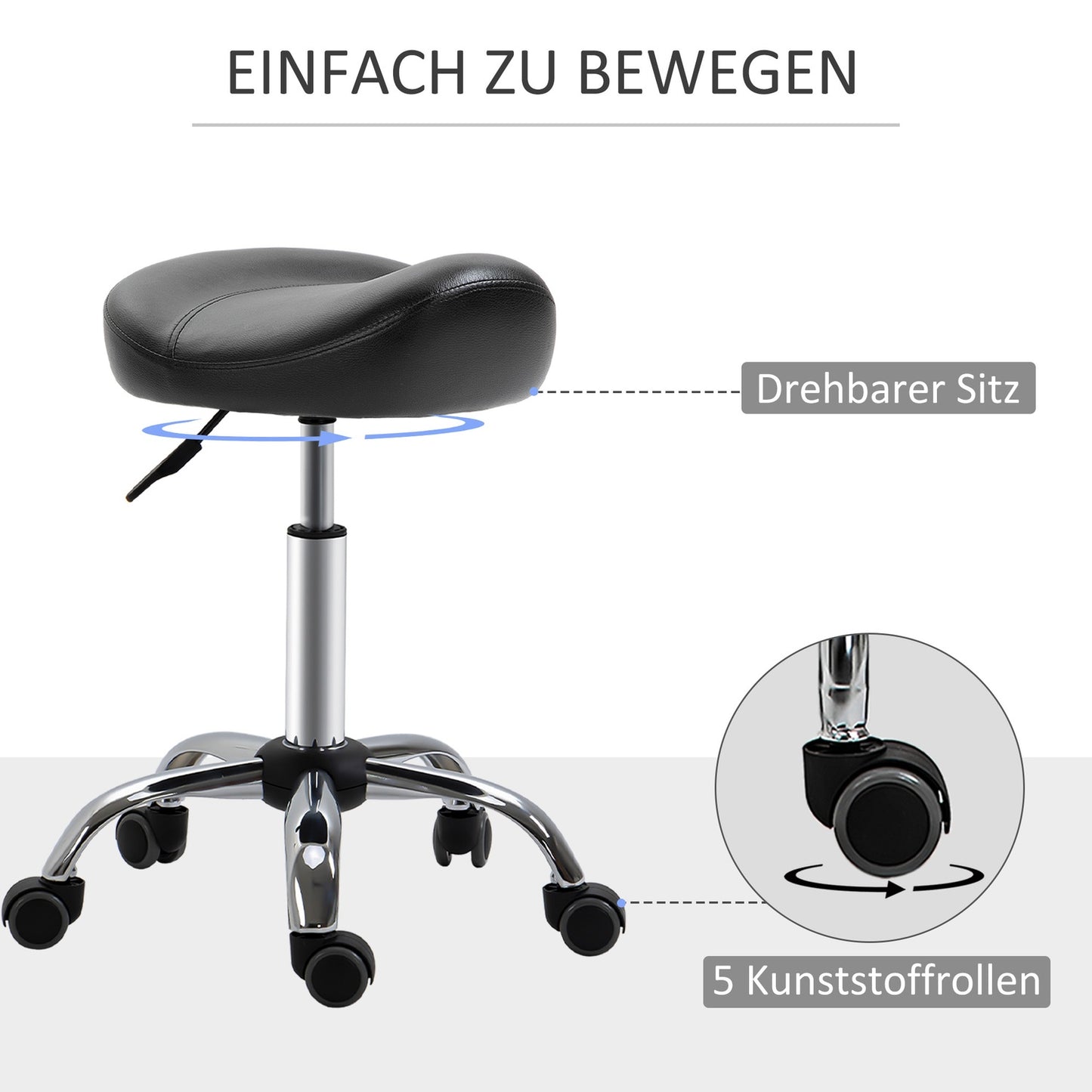 Adjustable rolling stool with wheels, black artificial leather