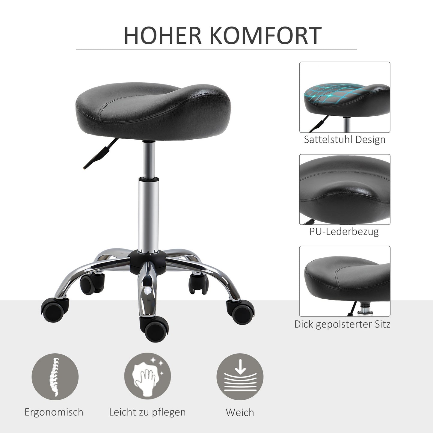 Adjustable rolling stool with wheels, black artificial leather
