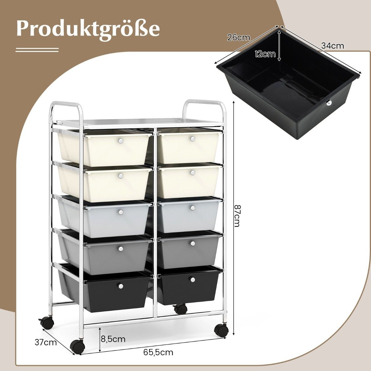 Rolling storage cart with 10 drawers sliding cart for tools & office supplies on wheels gray gradient