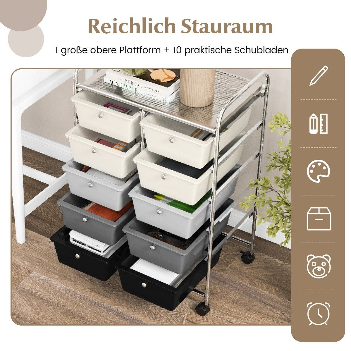 Rolling storage cart with 10 drawers sliding cart for tools & office supplies on wheels gray gradient