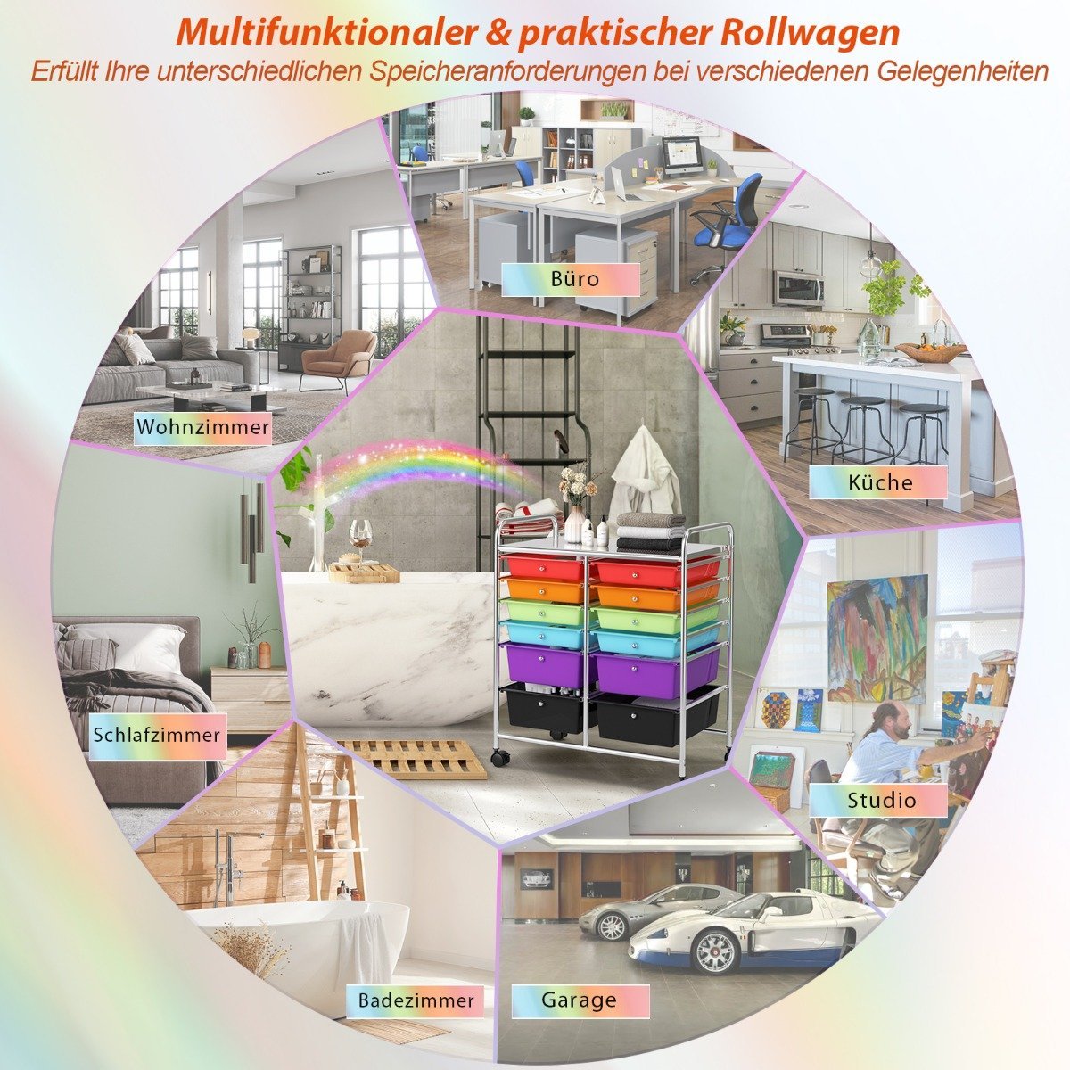 Rolling trolley metal frame rolling container 12 drawers bathroom trolley with brakes multicolored