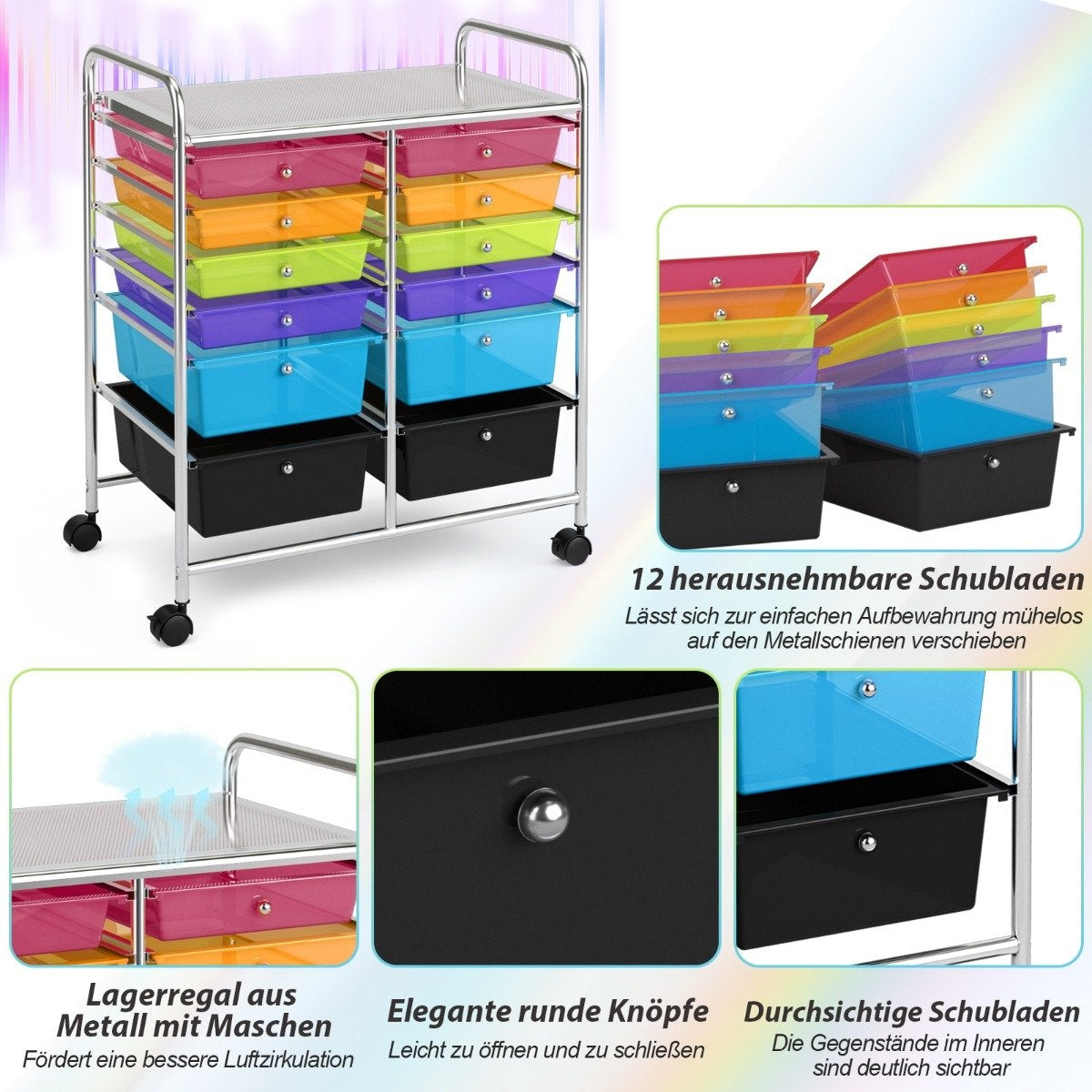 Rolling trolley metal frame rolling container 12 drawers bathroom trolley with brakes side trolley rollable colorful