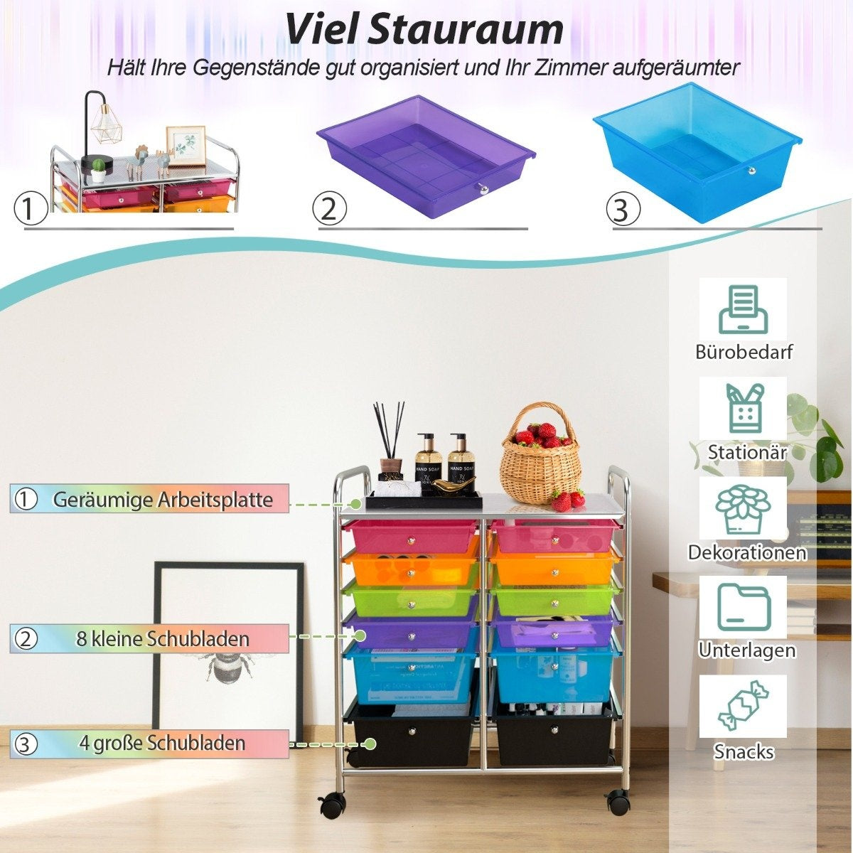 Rolling trolley metal frame rolling container 12 drawers bathroom trolley with brakes side trolley rollable colorful