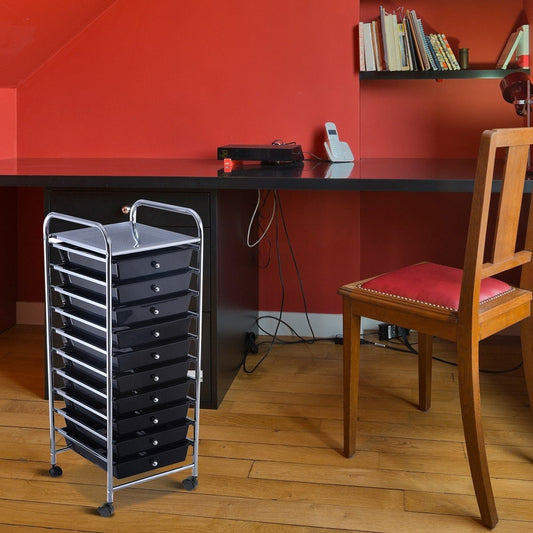 Rolling trolley, rolling container, bathroom trolley, bathroom trolley, side trolley with 10 drawers, black