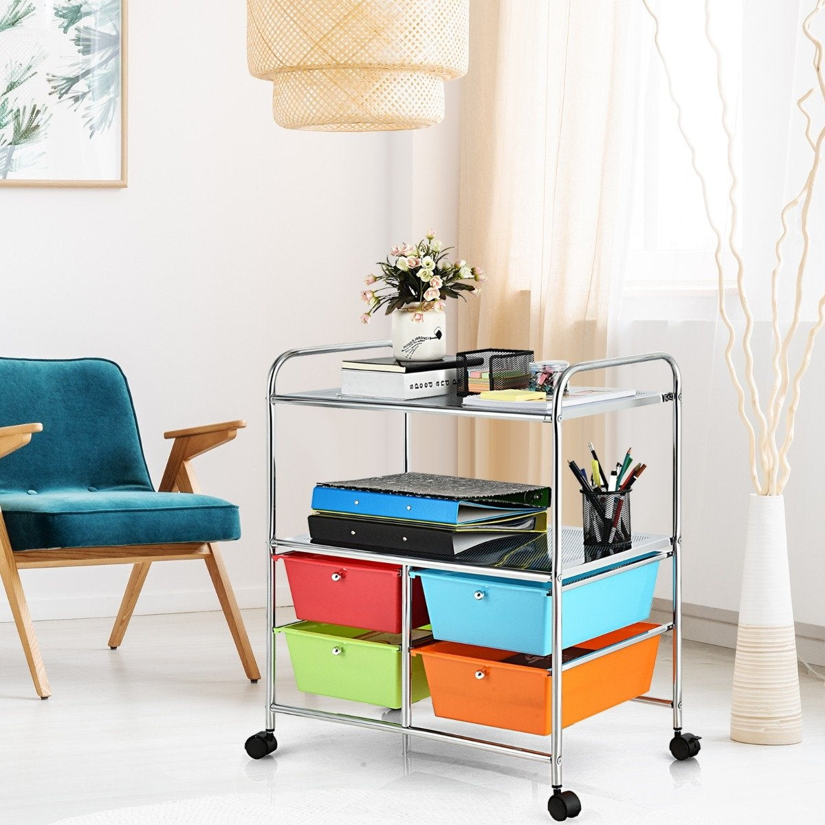 Rolling trolley with 4 stackable drawers & metal frame & shelves rolling container colorful