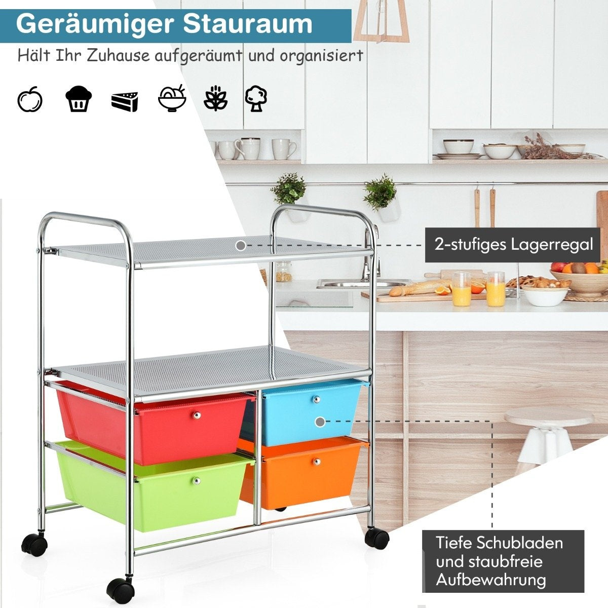 Rolling trolley with 4 stackable drawers & metal frame & shelves rolling container colorful