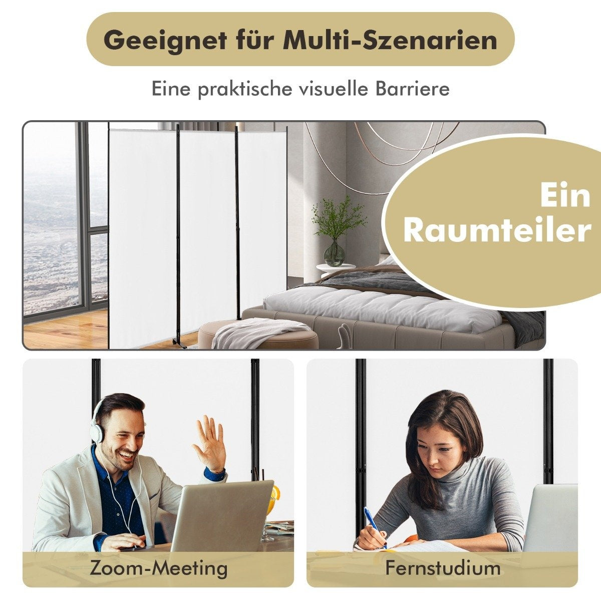 Room Divider on Wheels, 3 Panels, Foldable, White, 180 cm
