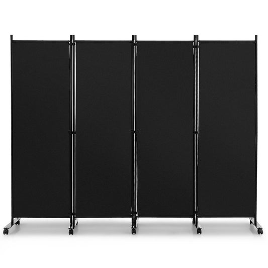 Room Divider with 4 Panels on Wheels 173cm Tall Rollable Privacy Screen Black