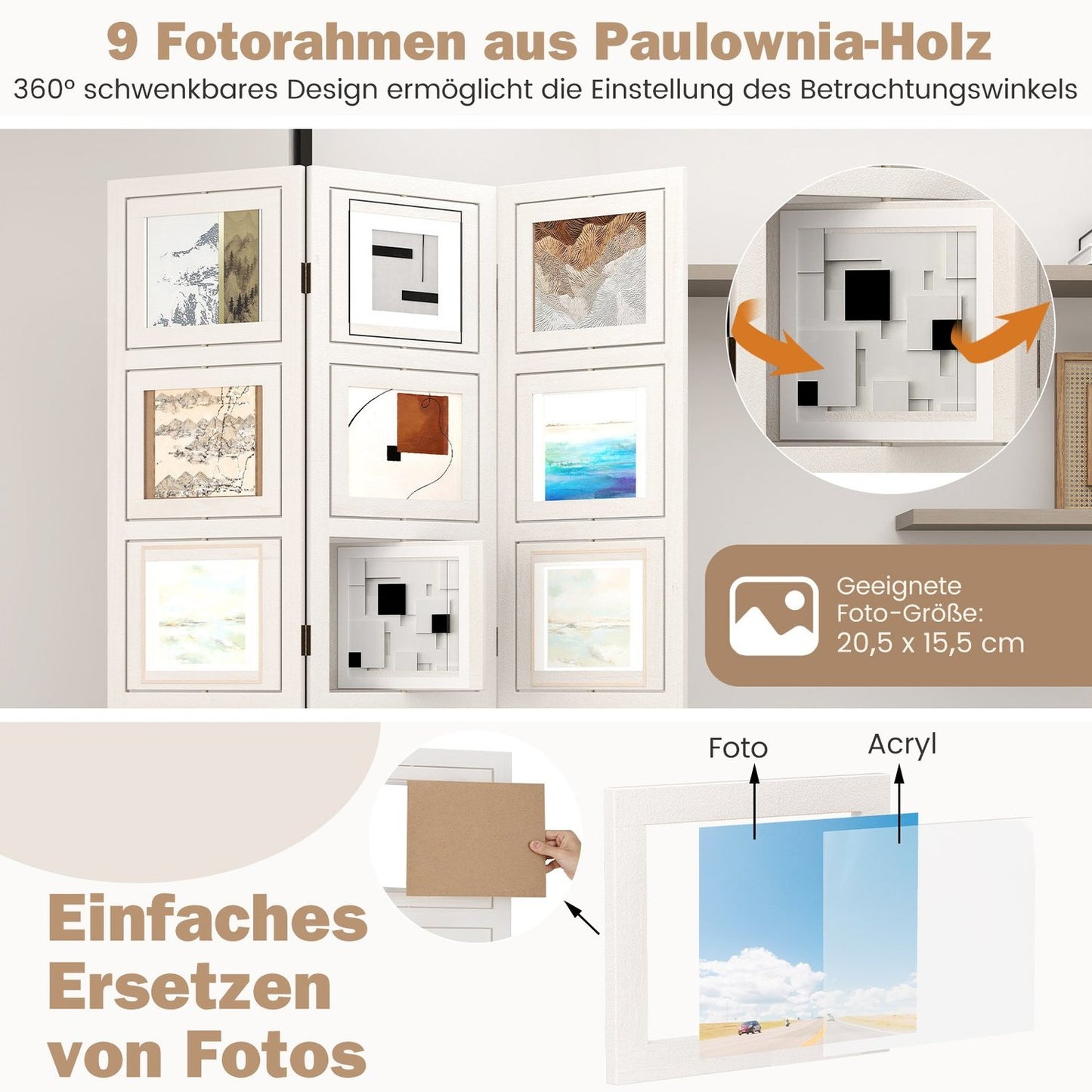 Room Divider with 9 Rotating Photo Frames, 170 x 121 cm
