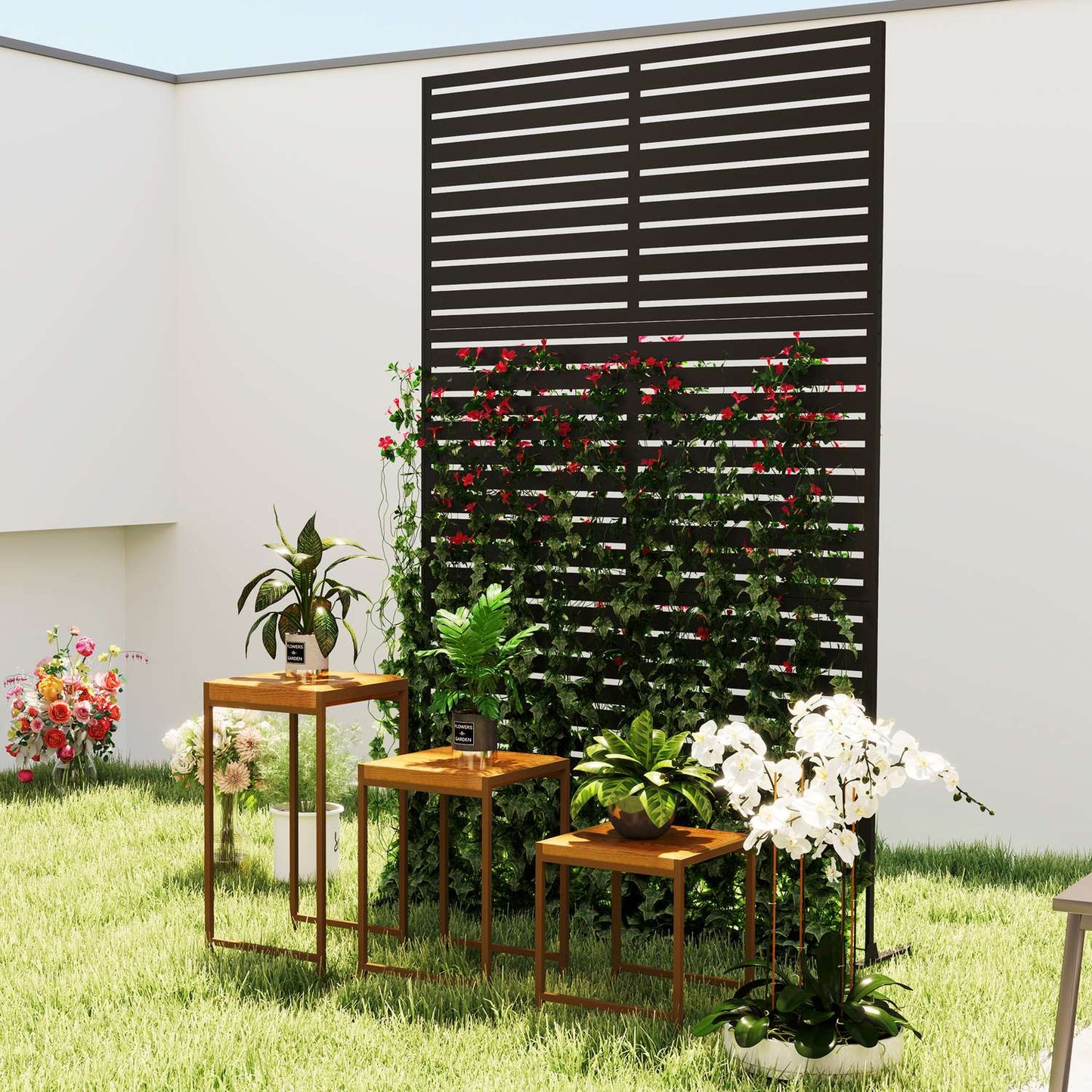 Outdoor protection screen, 3-panel room divider in steel, black