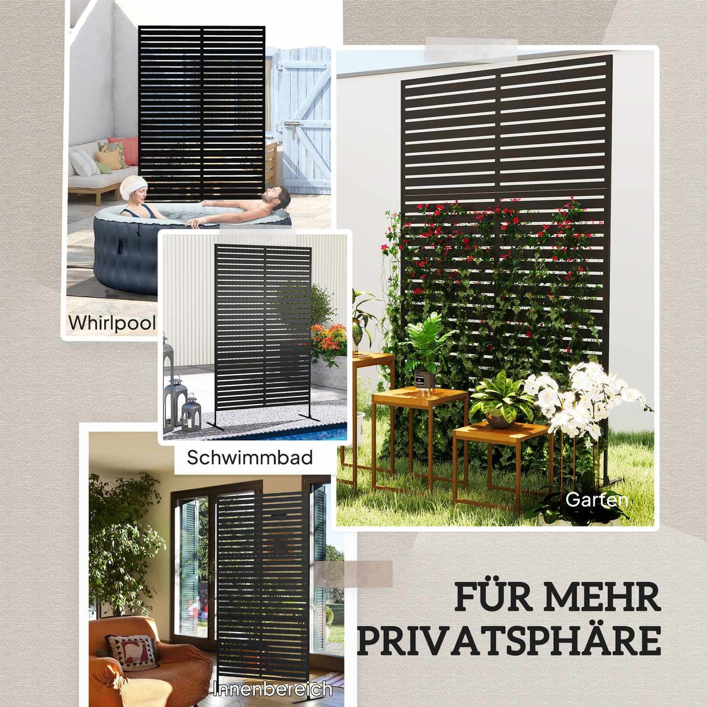 Outdoor protection screen, 3-panel room divider in steel, black