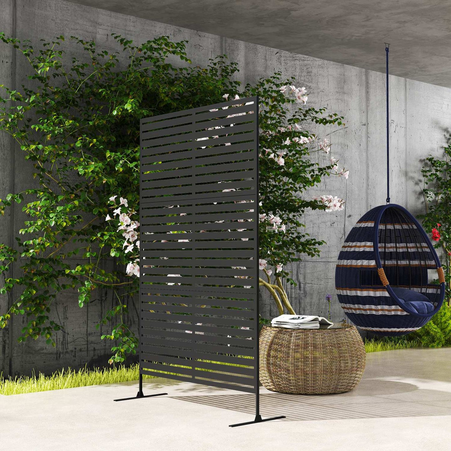 Outdoor protection screen, 3-panel room divider in steel, black