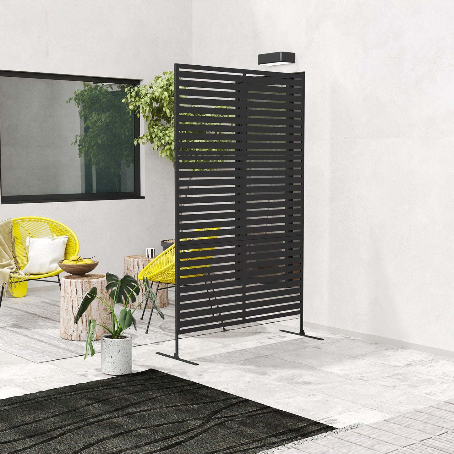 Outdoor protection screen, 3-panel room divider in steel, black