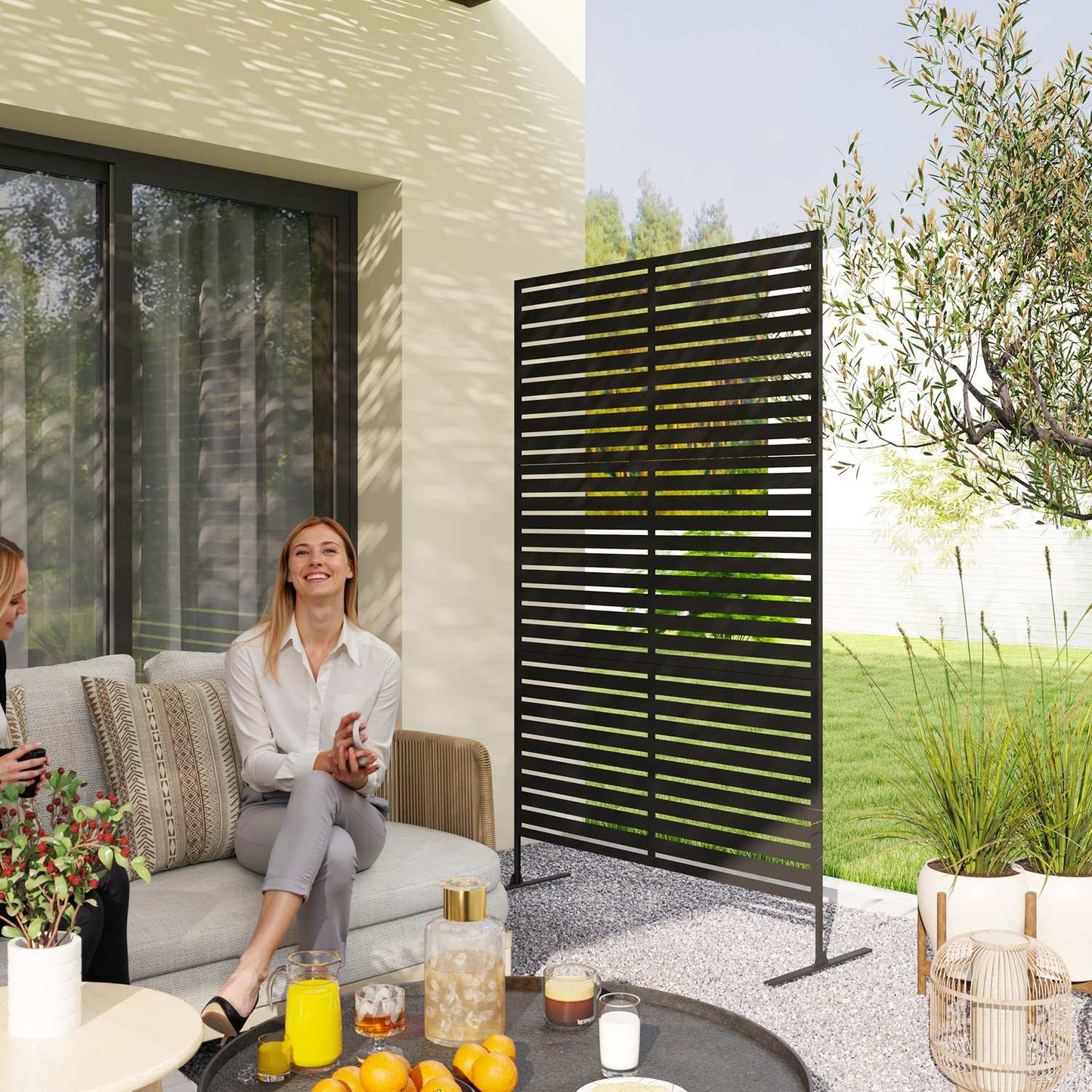 Outdoor protection screen, 3-panel room divider in steel, black