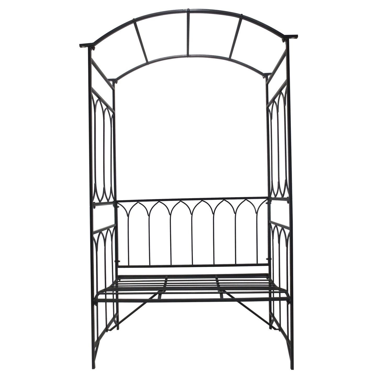Black Metal Rose Arch Bench - Garden Trellis, 115x50x203 cm