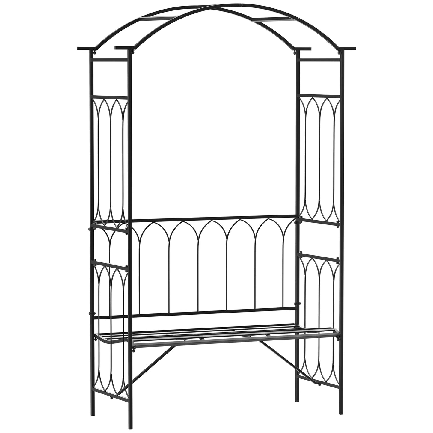 Black Metal Rose Arch Bench - Garden Trellis, 115x50x203 cm