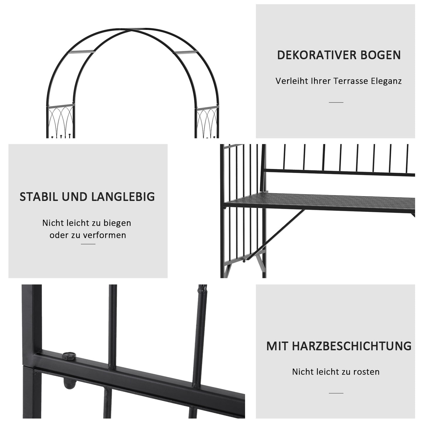 Metal garden arch with bench - Black, 121 x 50 x 203 cm