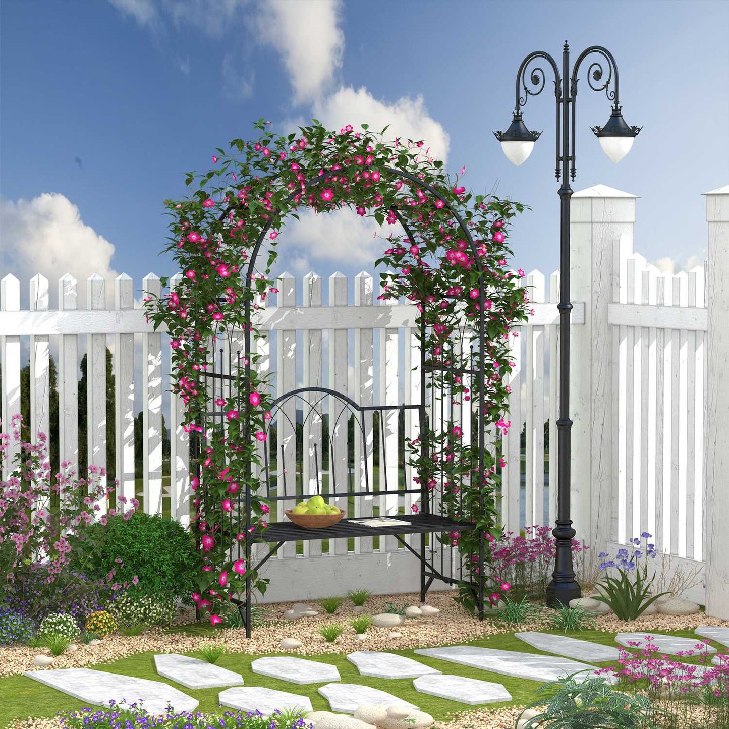 Metal garden arch with bench - Black, 121 x 50 x 203 cm