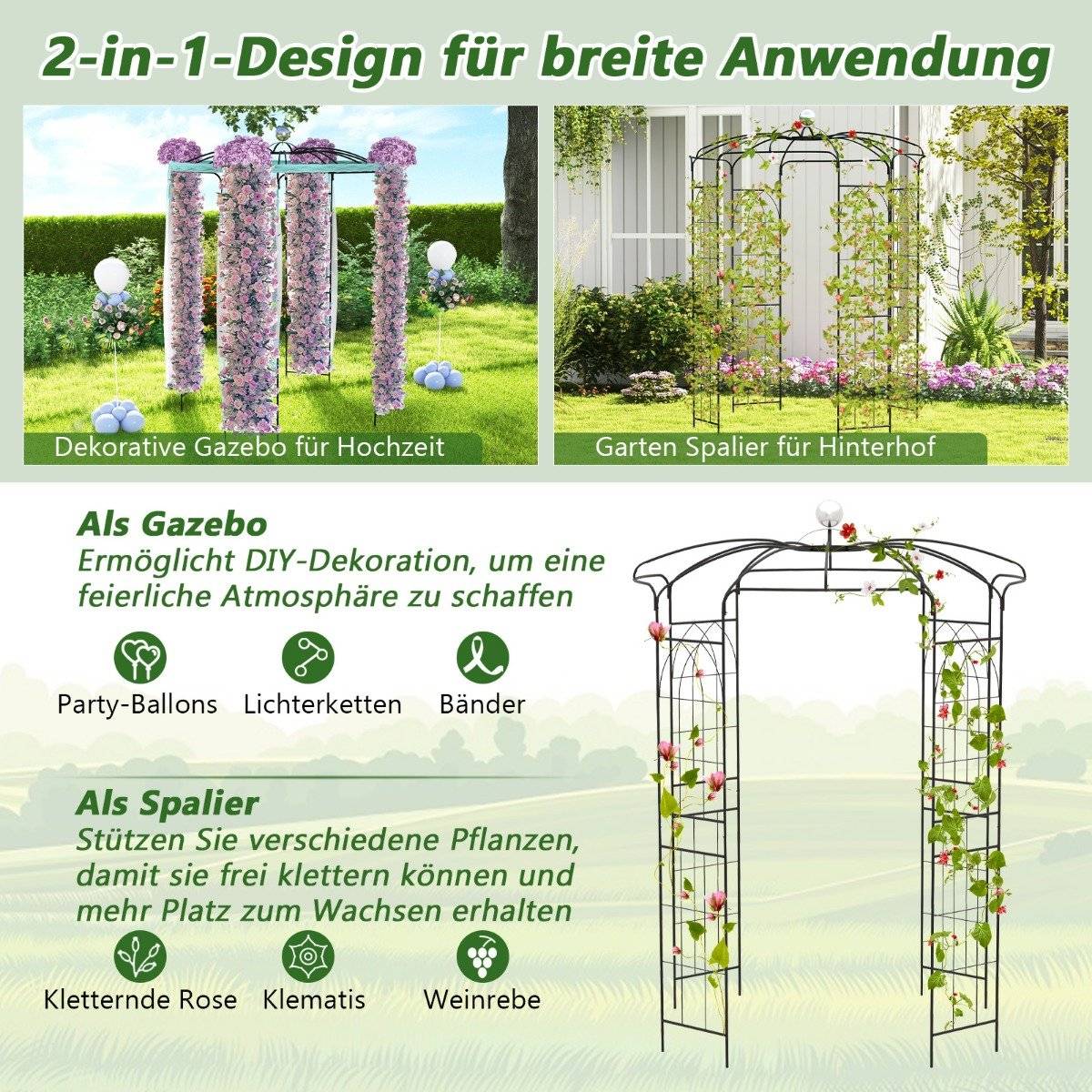 Rose arch metal rose pavilion garden arch for climbing plants archway garden 206 x 206 x 286 cm black