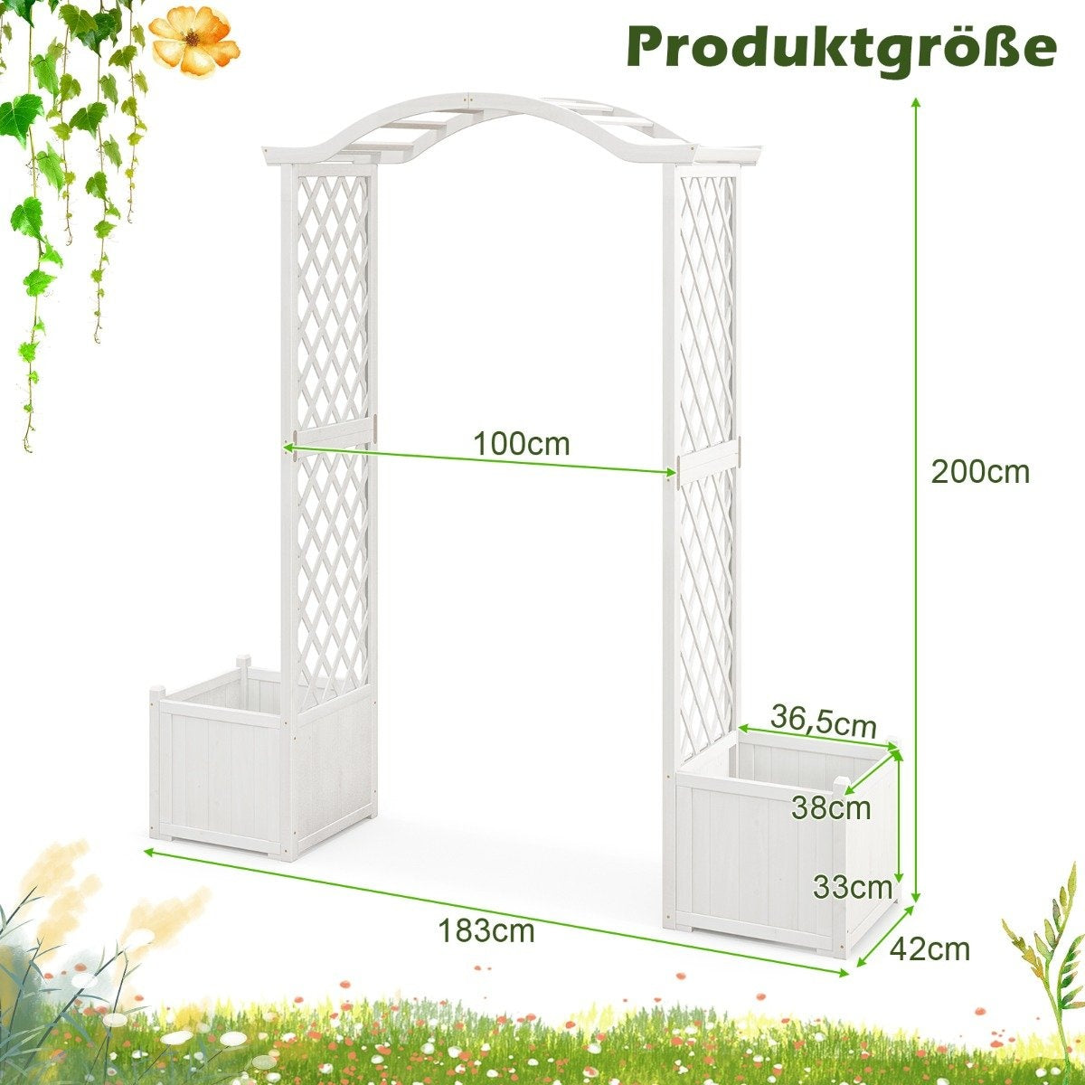 Rose arch wooden 2 in 1 archway with flower box garden pergola modern 183 x 42 x 200 cm white