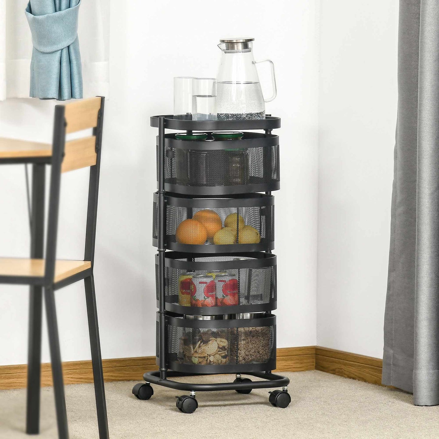 Rotating 4-Tier Kitchen Cart with Wheels, Black, 33x33x77 cm