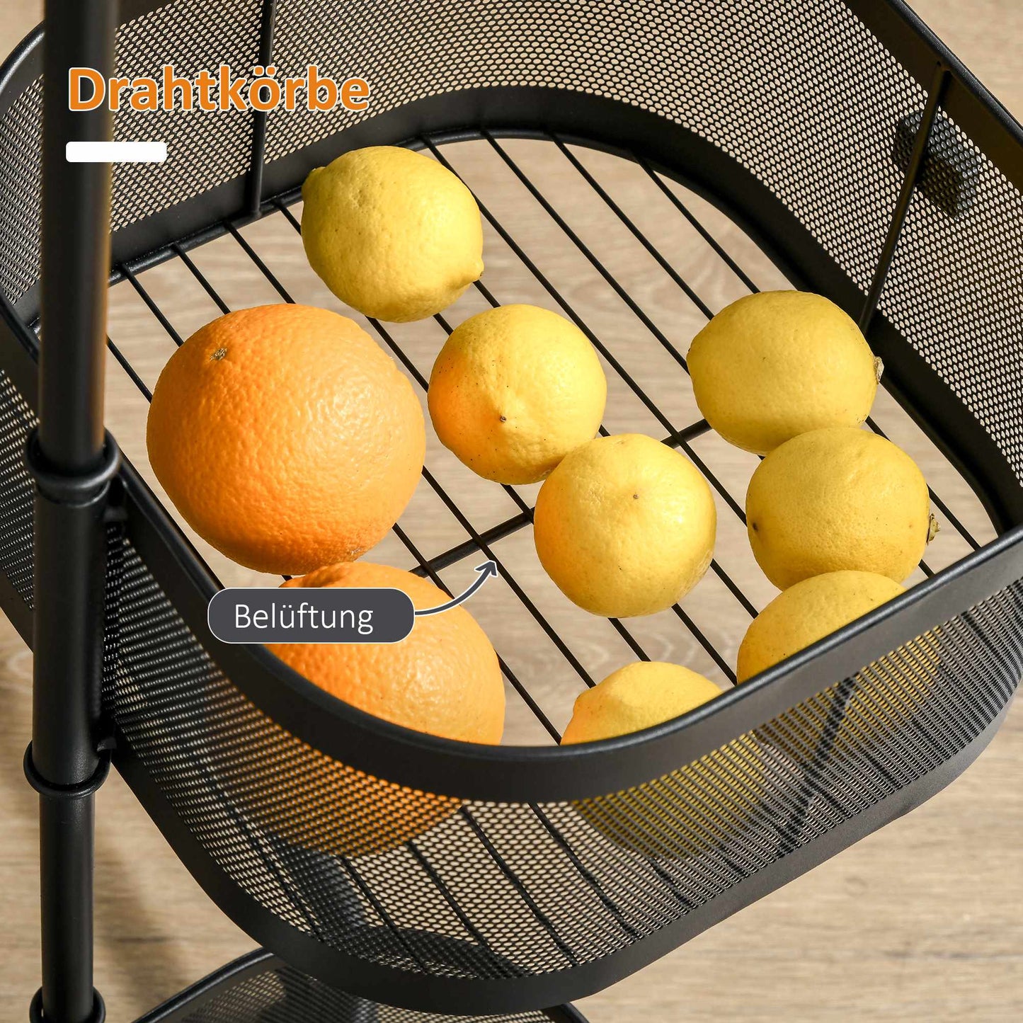 Rotating 4-Tier Kitchen Cart with Wheels, Black, 33x33x77 cm