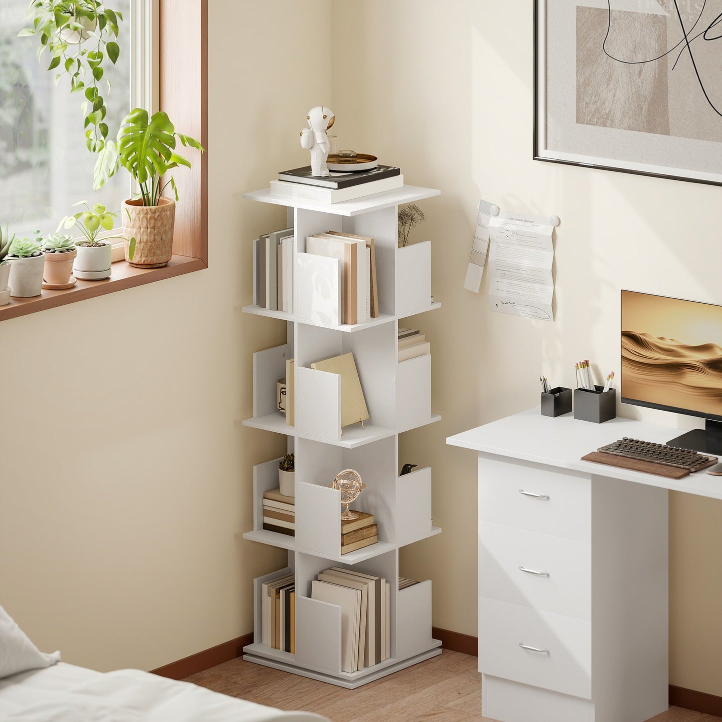 Rotating Bookshelf, 4 Tiers, 16 Compartments, White MDF