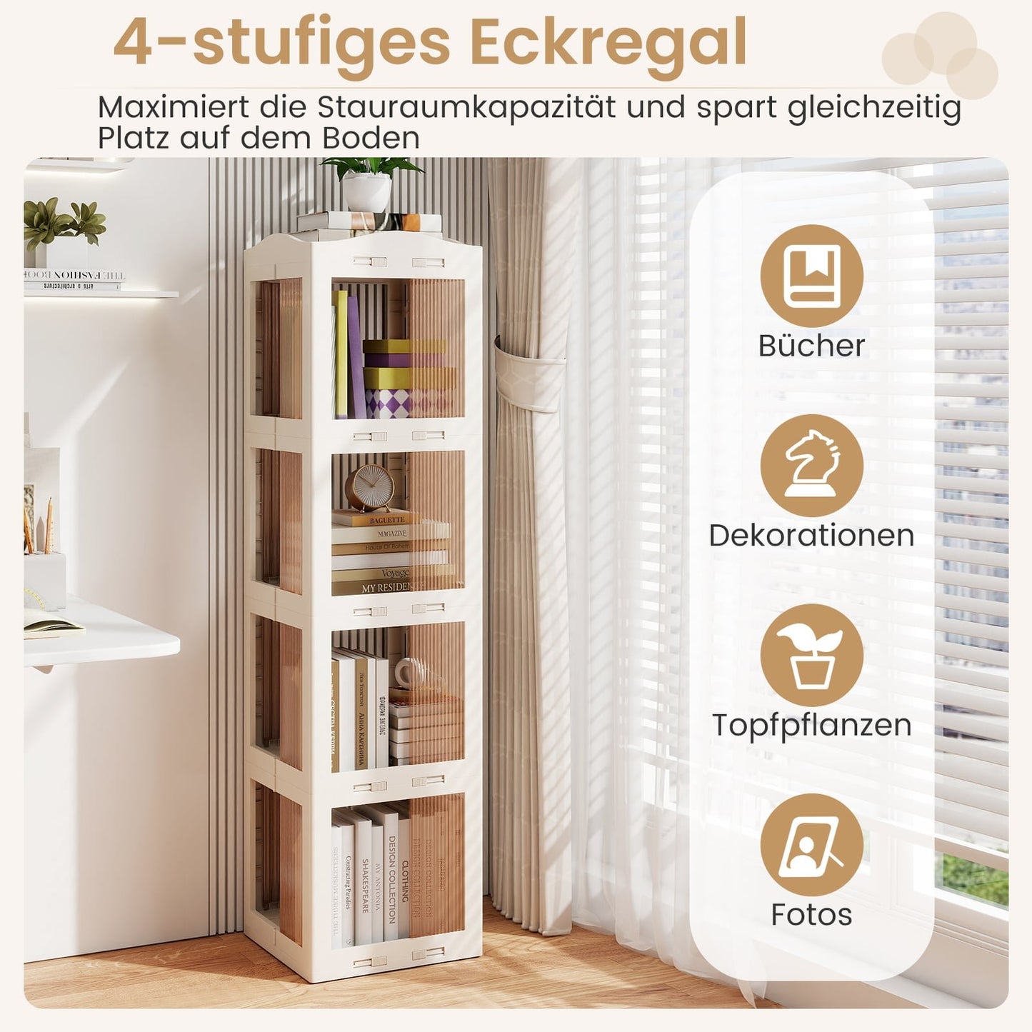 Rotating Bookshelf, Foldable Corner Shelf, 3-Tier, White