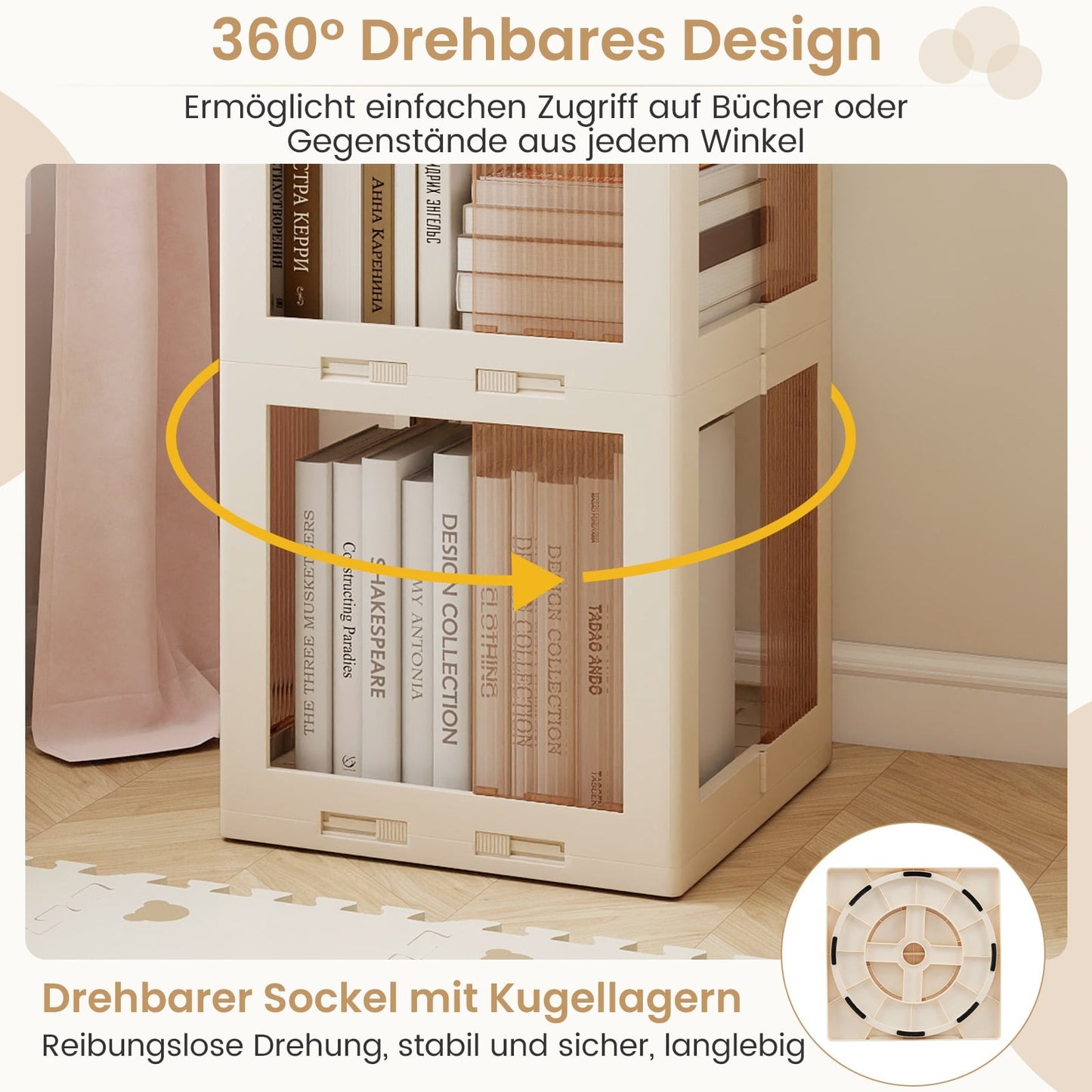 Rotating Bookshelf, Foldable Corner Shelf, 3-Tier, White