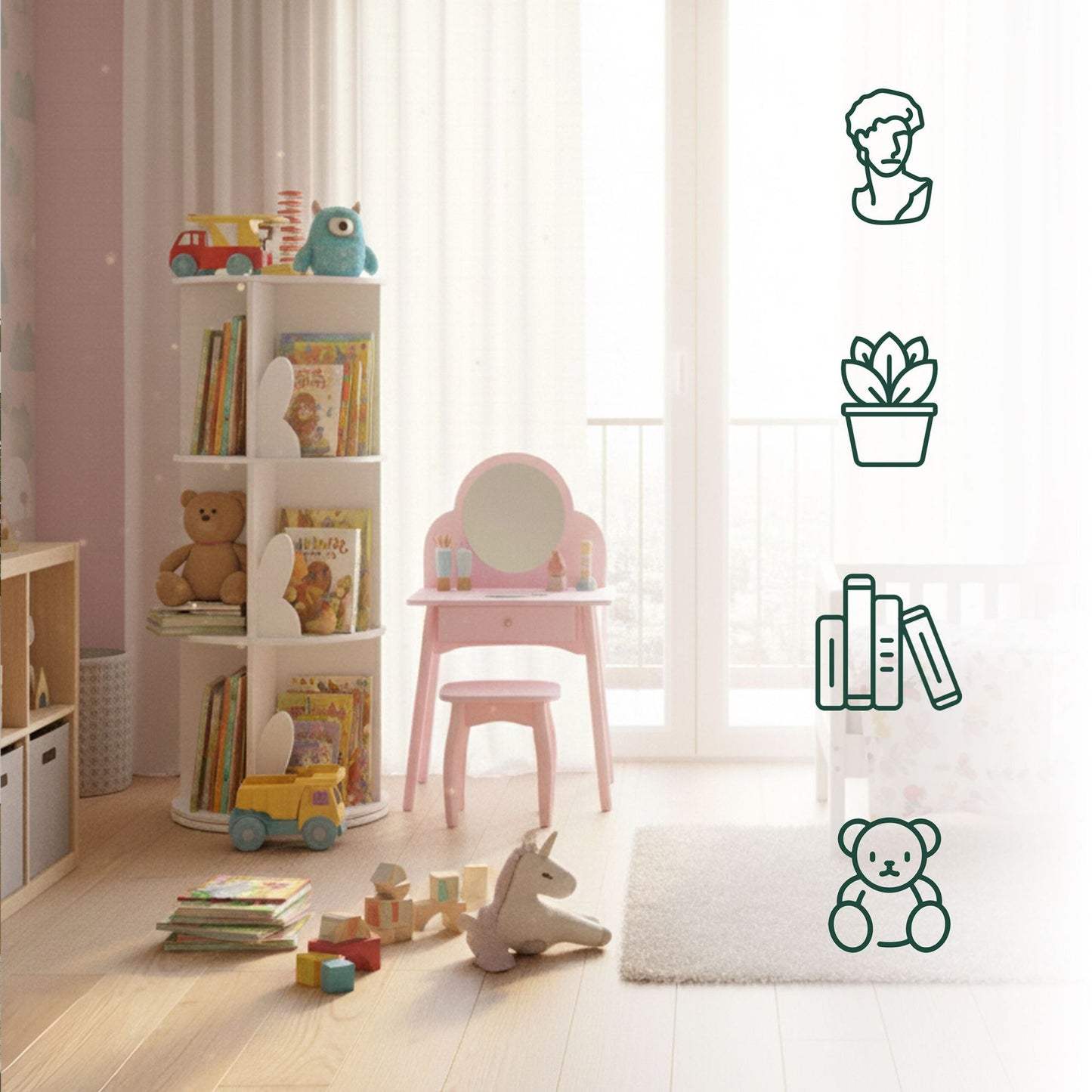 Rotating Children's Bookcase, White, Rabbit Ear Design