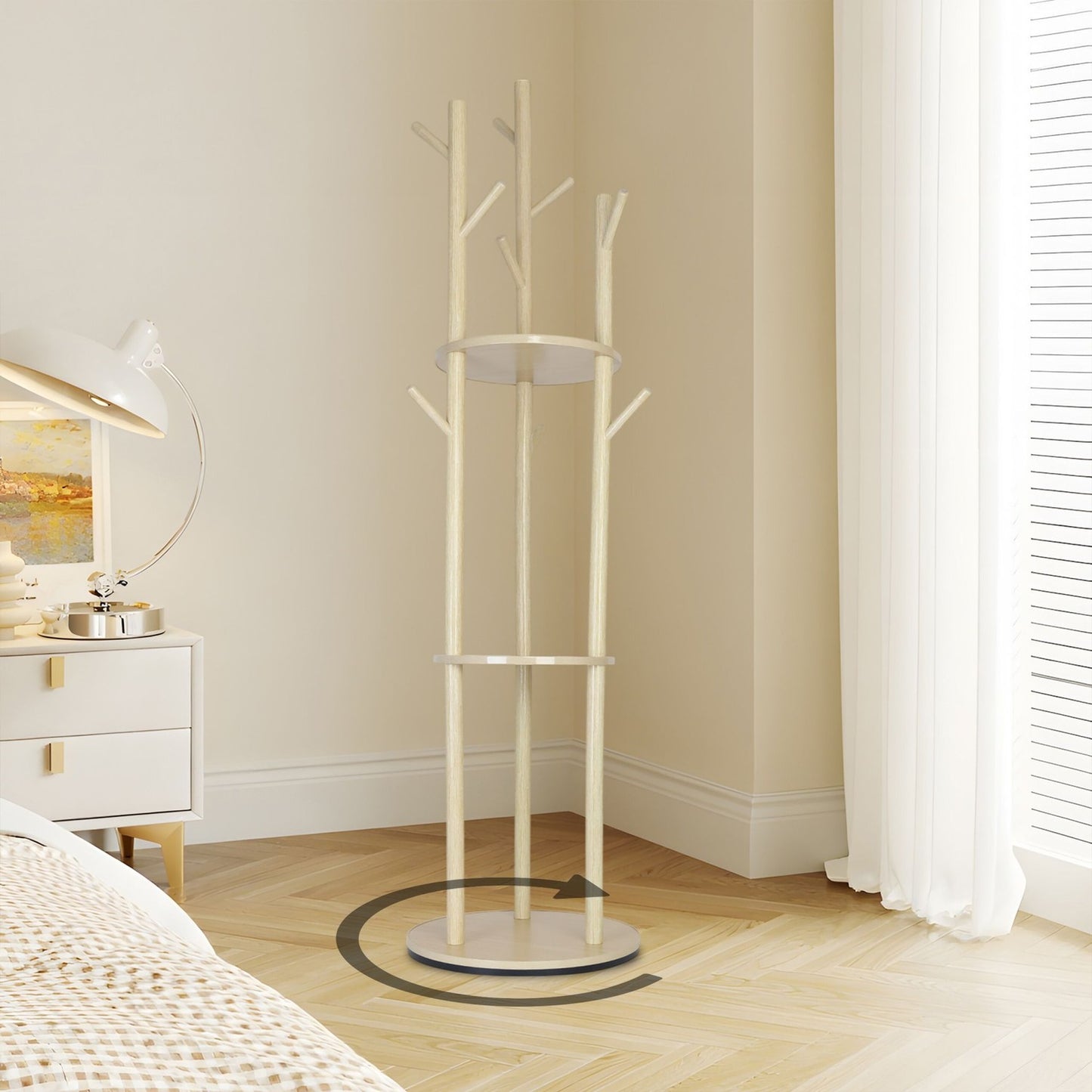 Rotating Coat Rack with 3 Shelves and 9 Hooks