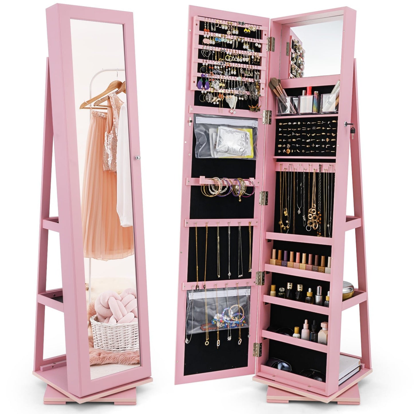 Rotating Jewelry Armoire with Full-Length Mirror, Pink