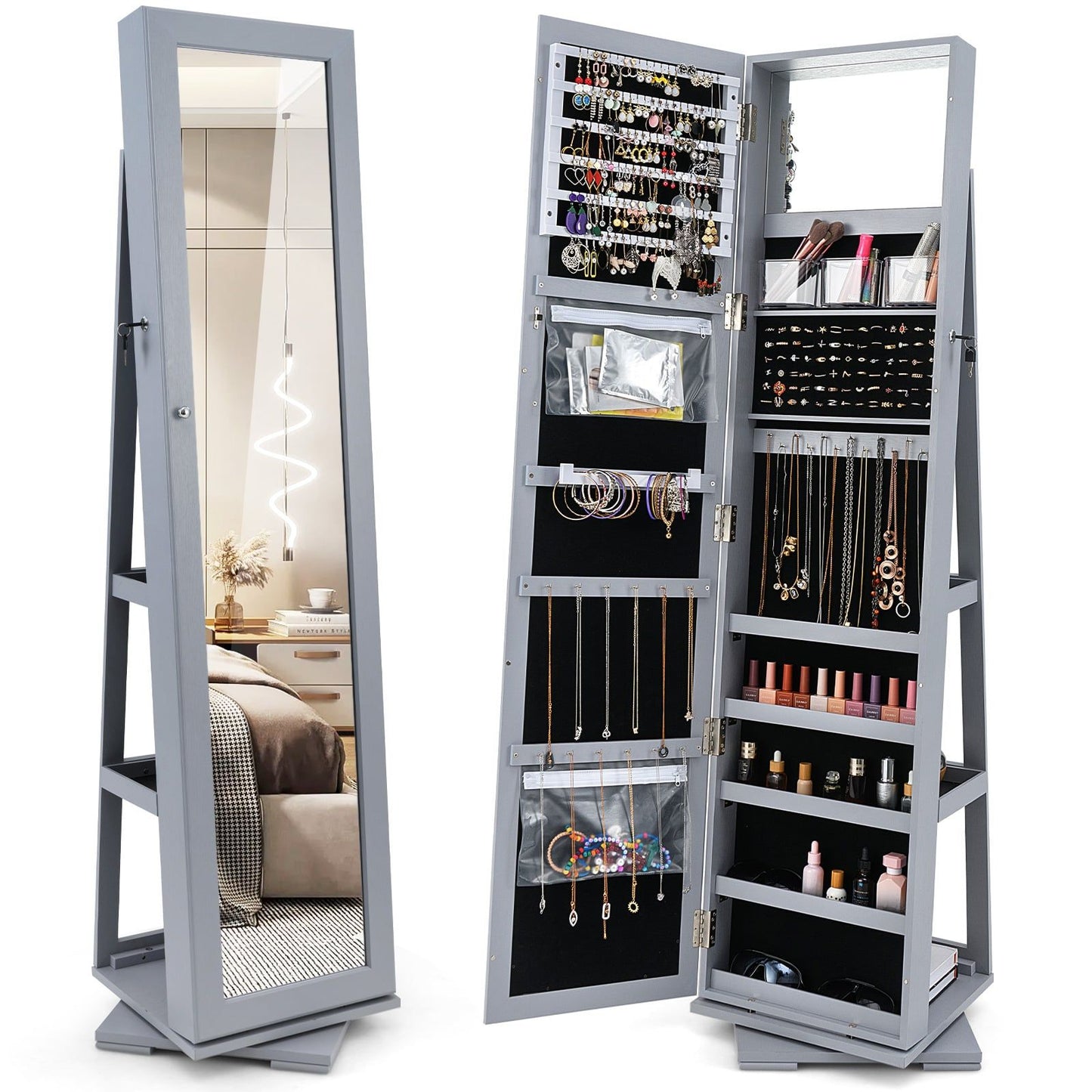 Rotating Jewelry Cabinet with Full-Length Mirror, Gray