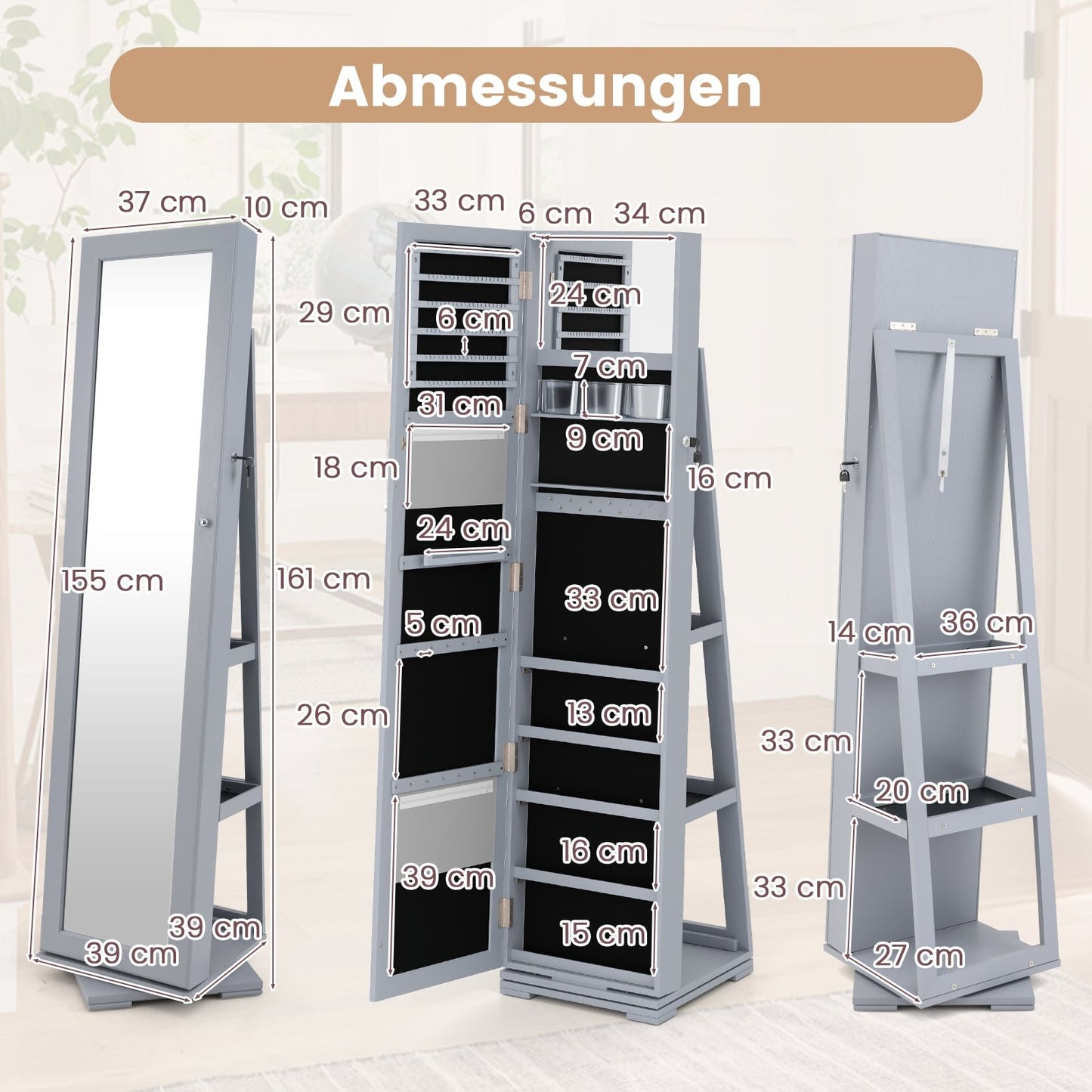 Rotating Jewelry Cabinet with Full-Length Mirror, Gray