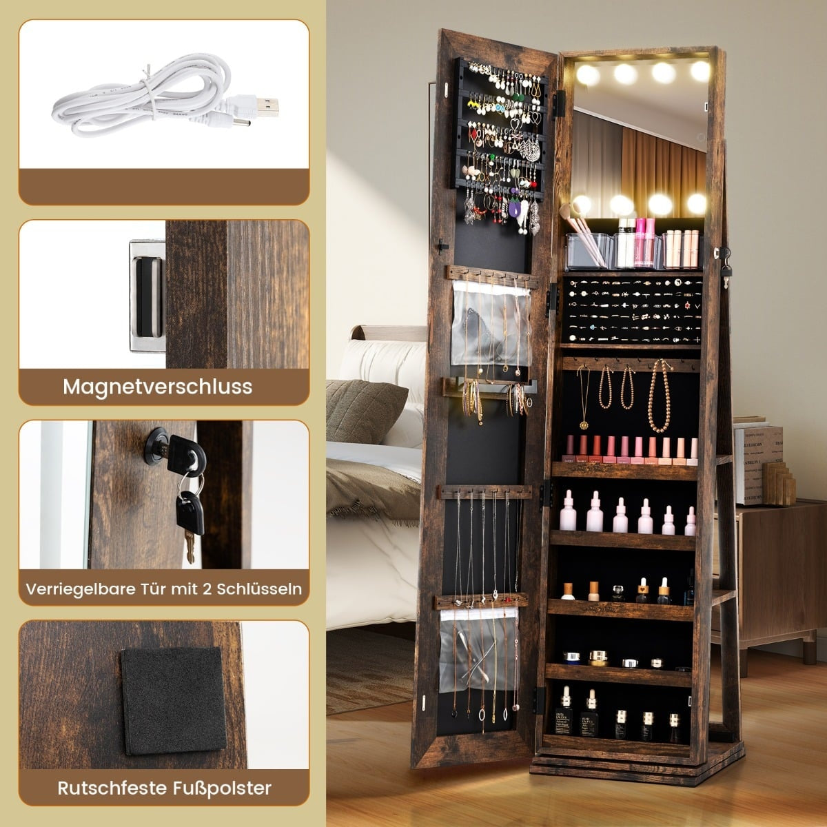 Rotating Jewelry Cabinet with LED Mirror and Storage