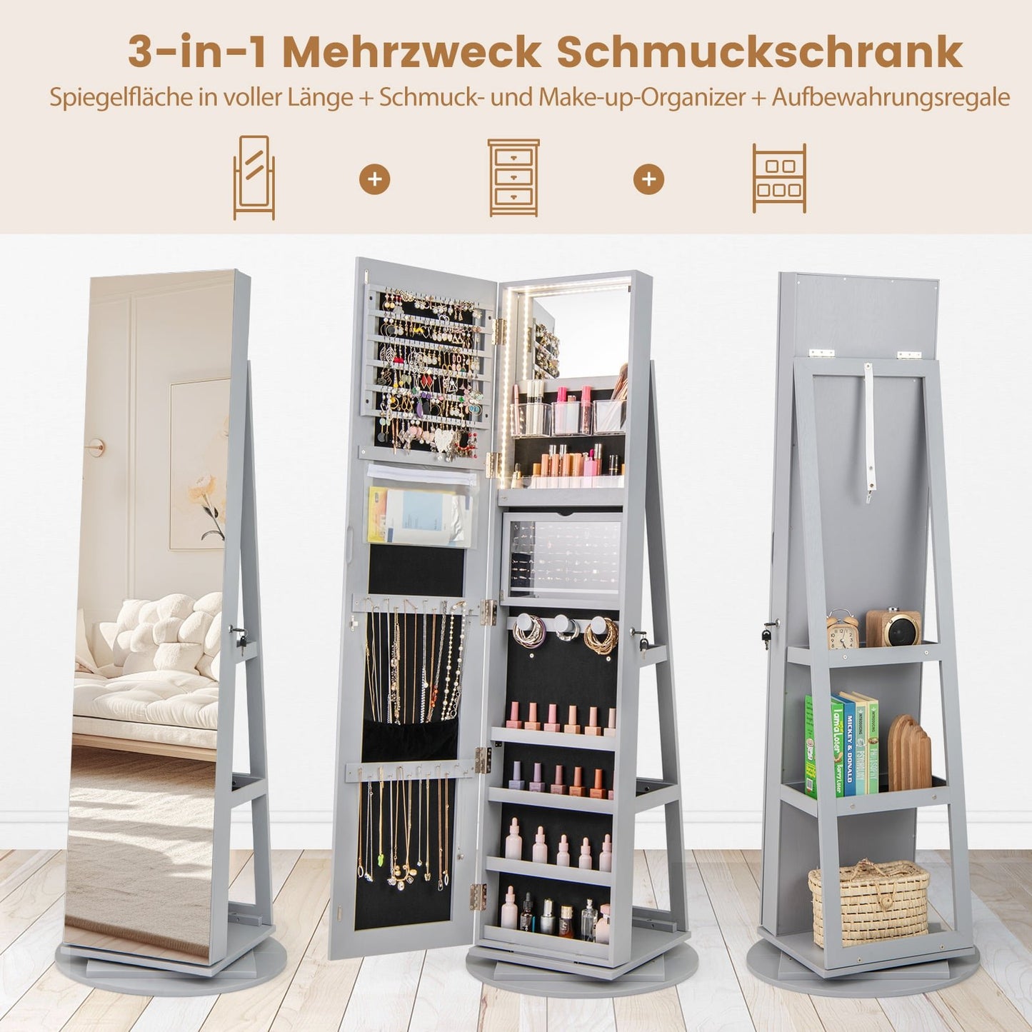 Rotating Jewelry Cabinet with Mirror, LED Lights, Lockable